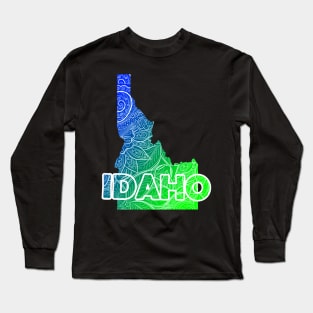 Colorful mandala art map of Idaho with text in blue and green Long Sleeve T-Shirt